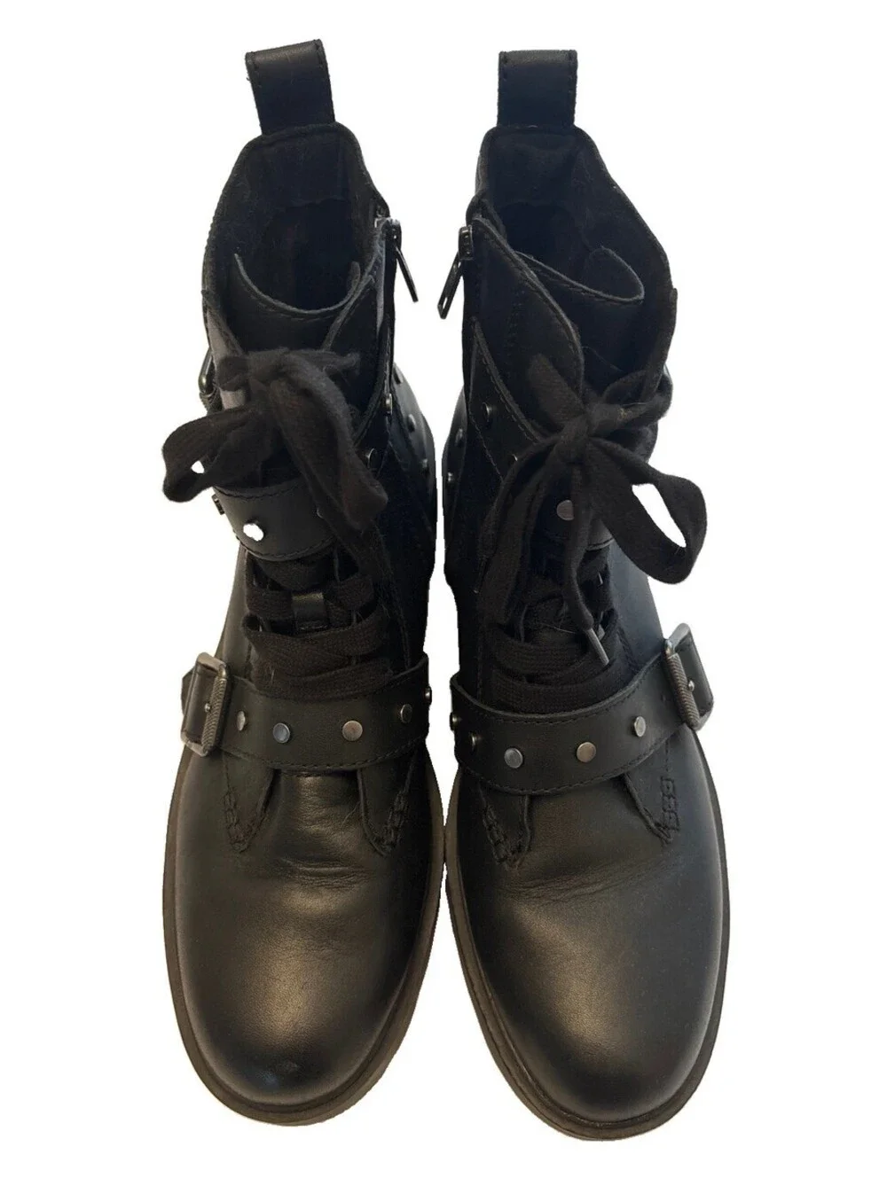 UGG Black Leather Motorcycle Lace Up Zipper Boots Women’s Size 12 Buckles Moto